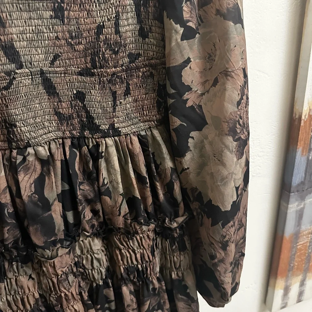 Carly Jean Los Angeles Smocked long sleeve Dress in Brown and Black - Picture 5 of 6